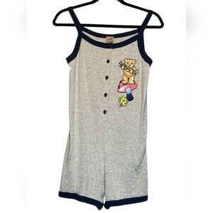 Vintage 90s Sasson Gray Teddy Mushroom Graphic Tank Romper with Navy Trim